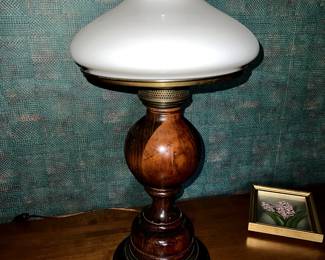 Vintage Wood Lamp with White Milk Glass Shade