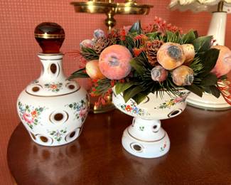 Vintage Bohemian Glassware Cut to Clear Glass Red Hand Painted Enameled Schnapps Decanter and Compote