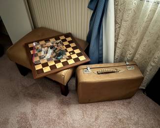 Wood Chess Board Set, Vintage Luggage and Leather Stool