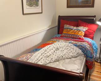 #59A - $220  wood Twin Sleigh Bed 50"H - one with mattress