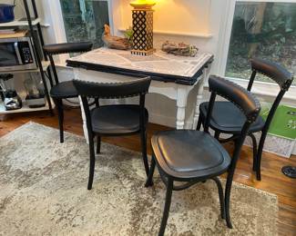 #37 - $450 - Vintage MCM 50's Enamel & Wood Table 40"Wx48"Dx30"H & #38 - $198 - 4 Black Wood Chairs 18"Wx18"Dx32"H
