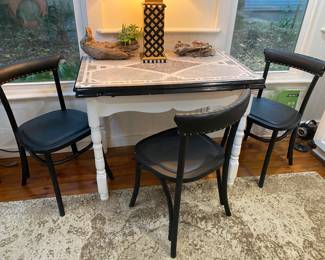 #37 - $450 - Vintage MCM 50's Enamel & Wood Table 40"Wx48"Dx30"H & #38 - $198 - 4 Black Wood Chairs 18"Wx18"Dx32"H