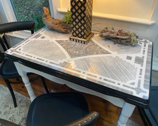 #37 - $450 - Vintage MCM 50's Enamel & Wood Table 40"Wx48"Dx30"H & #38 - $198 - 4 Black Wood Chairs 18"Wx18"Dx32"H