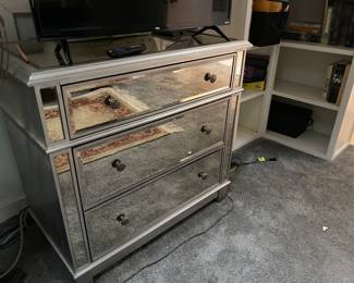 #73 - $150 - Wood grey & Mirrored 3 drawer chest 33"Wx18"Dx31"H