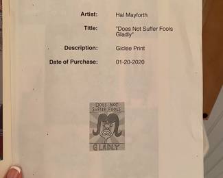 #68A - $70 each Hal Mayforth numbered Prints 17"Wx21"H "Gladly"