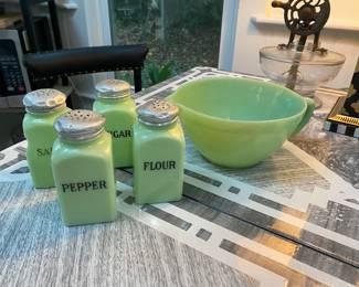 #43 -3  $30 - Vintage Jadite 4 spice dispensers (1 as is damaged ) & $20 Batter Bowl - $50 for all. 
