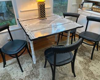 #37 - $450 - Vintage MCM 50's Enamel & Wood Table 40"Wx48"Dx30"H & #38 - $198 - 4 Black Wood Chairs 18"Wx18"Dx32"H