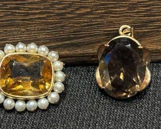 Smoky Quartz And 14k Pendant And Citrine And Pearl Pin