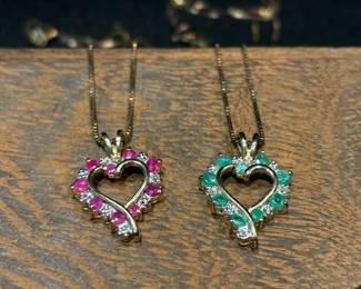 Pink Sapphire And Emerald Heart Pendant Necklaces In 925 Silver