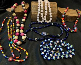 Pink Jadeite And Other Glass And Stone Necklaces