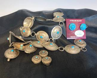 Sterling Silver And Turquoise Belt Earrings And Button Covers