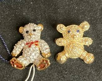 Swarovski Crystal Teddy Bear Pin And 14k Gold Teddy Bear Pin