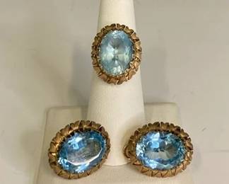 Blue Topaz And 14k Gold Ring And Earrings