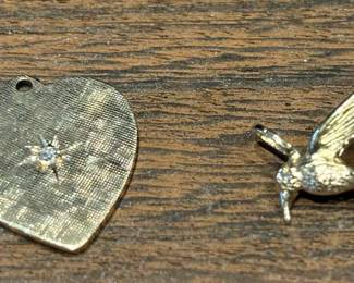 Diamond And 14k Heart Pendant And 14k Hummingbird Pendant