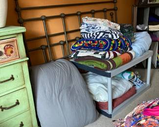 Iron queen bed frame, bed linens