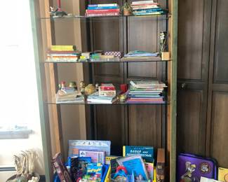Rustic Shelves with children's books and toys, poker chips