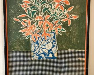 Unique original art piece with fabric sewn at the bottom Artist Luiza Holub 