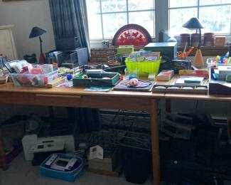 Wonderful pull leaf dining table, office supplies, printer, storage items    TABLE SOLD