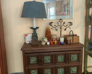 Rustic small chest with inlaid plastic tile drawers, accessories