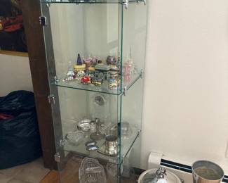 Glass Display Cabinet loaded with silver plate items and small decorative boxes