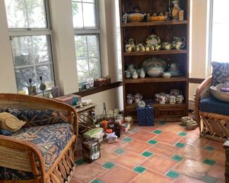 Rustic Cabinet with loads of Italian/Spanish dish sets, Candles of all sorts