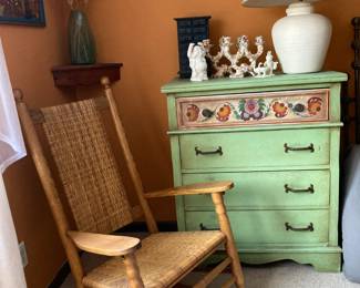 Rocking Chair and painted dresser, accessories
