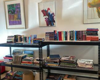 Books, framed art, shelving