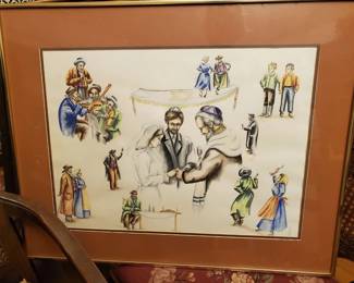 Scholfield wedding ceremony. Vivid colors in this Judaica picture. approx 2.5' x 2' 