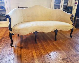 Beautiful camel back sofa, wood accents, Queen Anne legs
