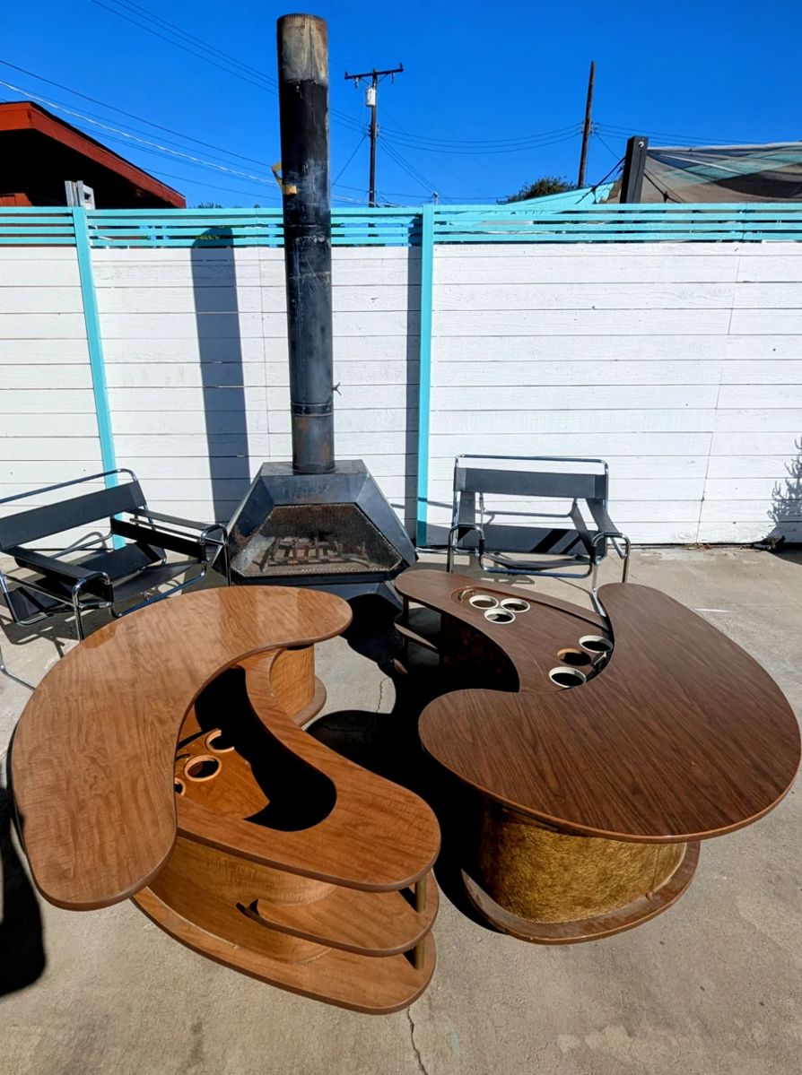MCM fireplace and 2 Grand Server coffee tables