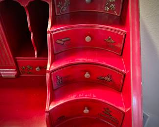 Red lacquer chinoiserie writing desk
