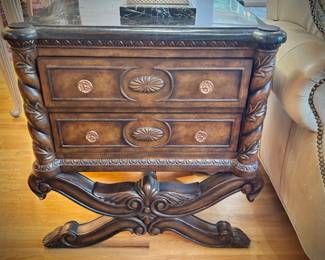 Black marble chest with purple/plum inlay (this piece matches the coffee table in Living Room)