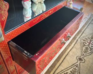 Red lacquer Chinoiserie buffet with brass fittings
