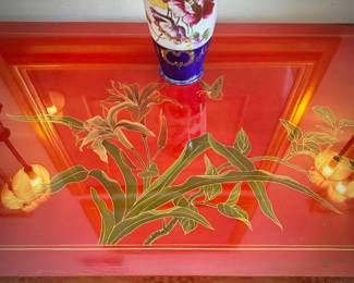 Red lacquer Chinoiserie buffet with brass fittings