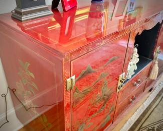 Red lacquer Chinoiserie buffet with brass fittings