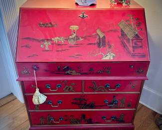Red lacquer chinoiserie writing desk