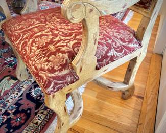 Table and 8 chairs. Table made in North Carolina. Six upholstered low chairs and two red upholstered grandfather chairs.