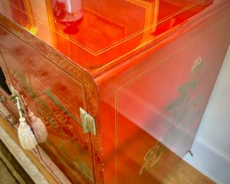 Red lacquer Chinoiserie buffet with brass fittings