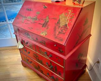 Red lacquer chinoiserie writing desk