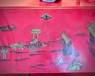 Red lacquer chinoiserie writing desk