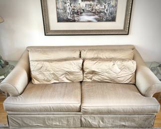 Hickory White tan silk sofa