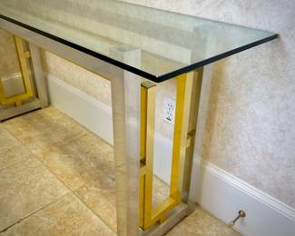 Modern glass, brass, and chrome console