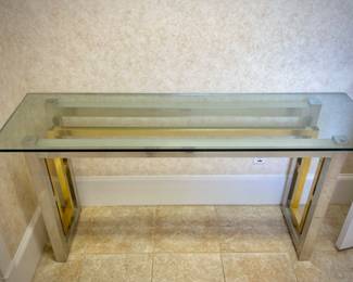 Modern glass, brass, and chrome console