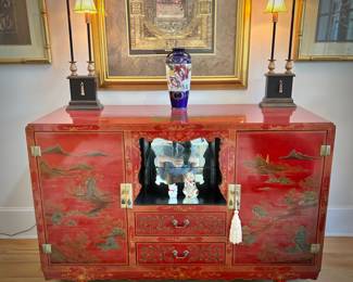 Red lacquer Chinoiserie buffet with brass fittings