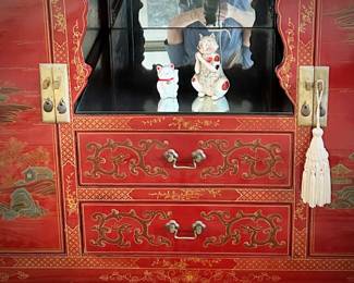 Red lacquer Chinoiserie buffet with brass fittings