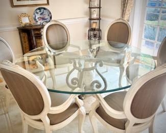Henredon round glass table with six ivory Henredon chairs