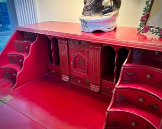 Red lacquer chinoiserie writing desk