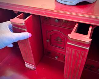 Red lacquer chinoiserie writing desk - hidden compartments