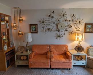 Lamps are Hollywood Regency with Pinch Pleat Drum lamp shades. The orange chairs still have some plastic on.  The cushions will need to be restuffed but they are still pretty comfortable and look great!