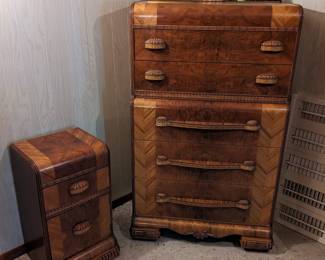 Again perfect condition Art Deco Waterfall top Highboy dresser and nightstand.